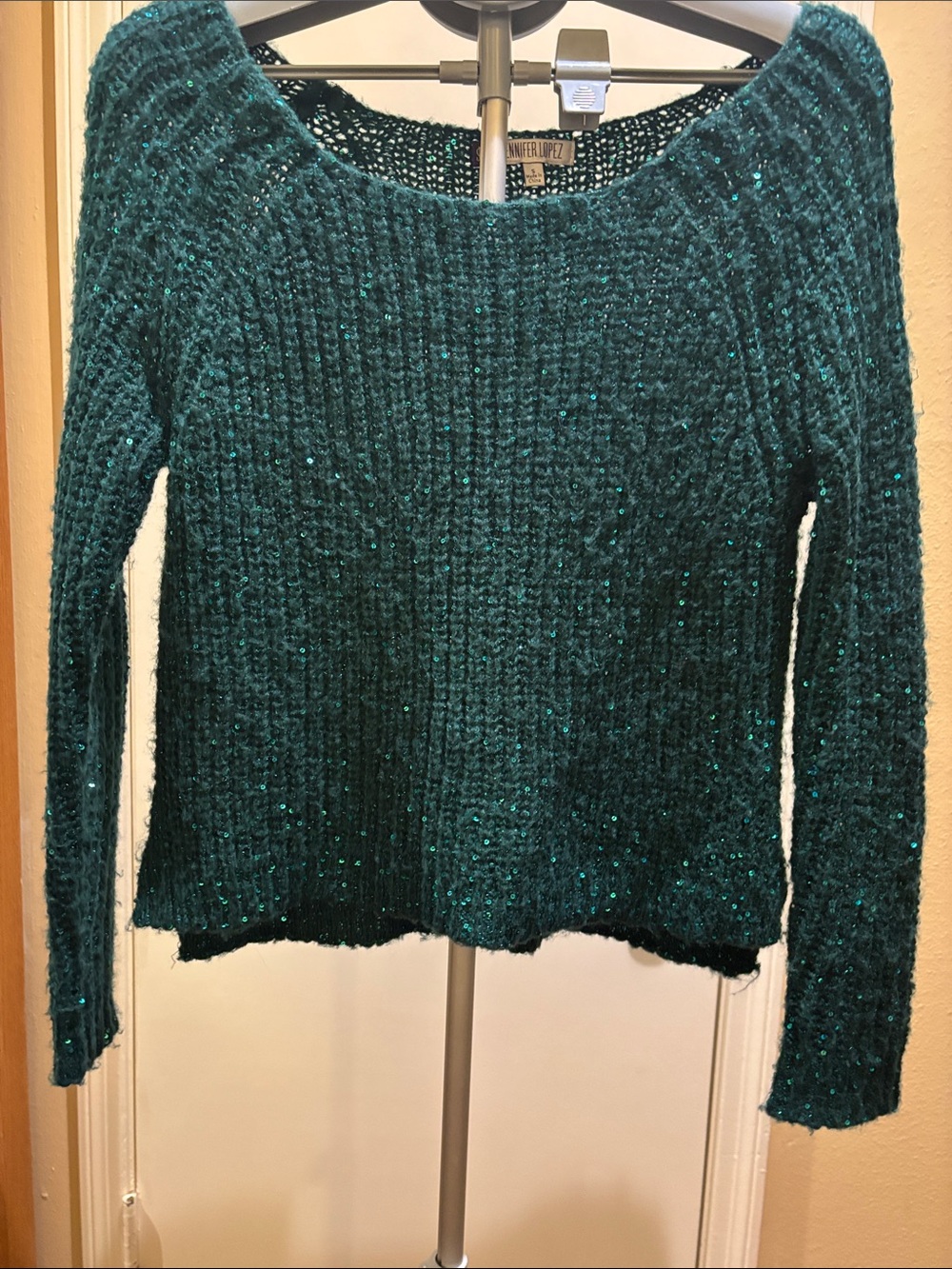 Jennifer Lopez Teal Sequin Ribbed Scoop Neck Sweater